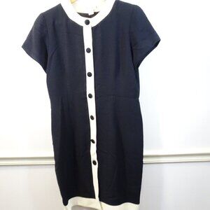 Y.LE.V. Vintage Black Shift Dress Size 14 White Trim Black Button Front Made USA